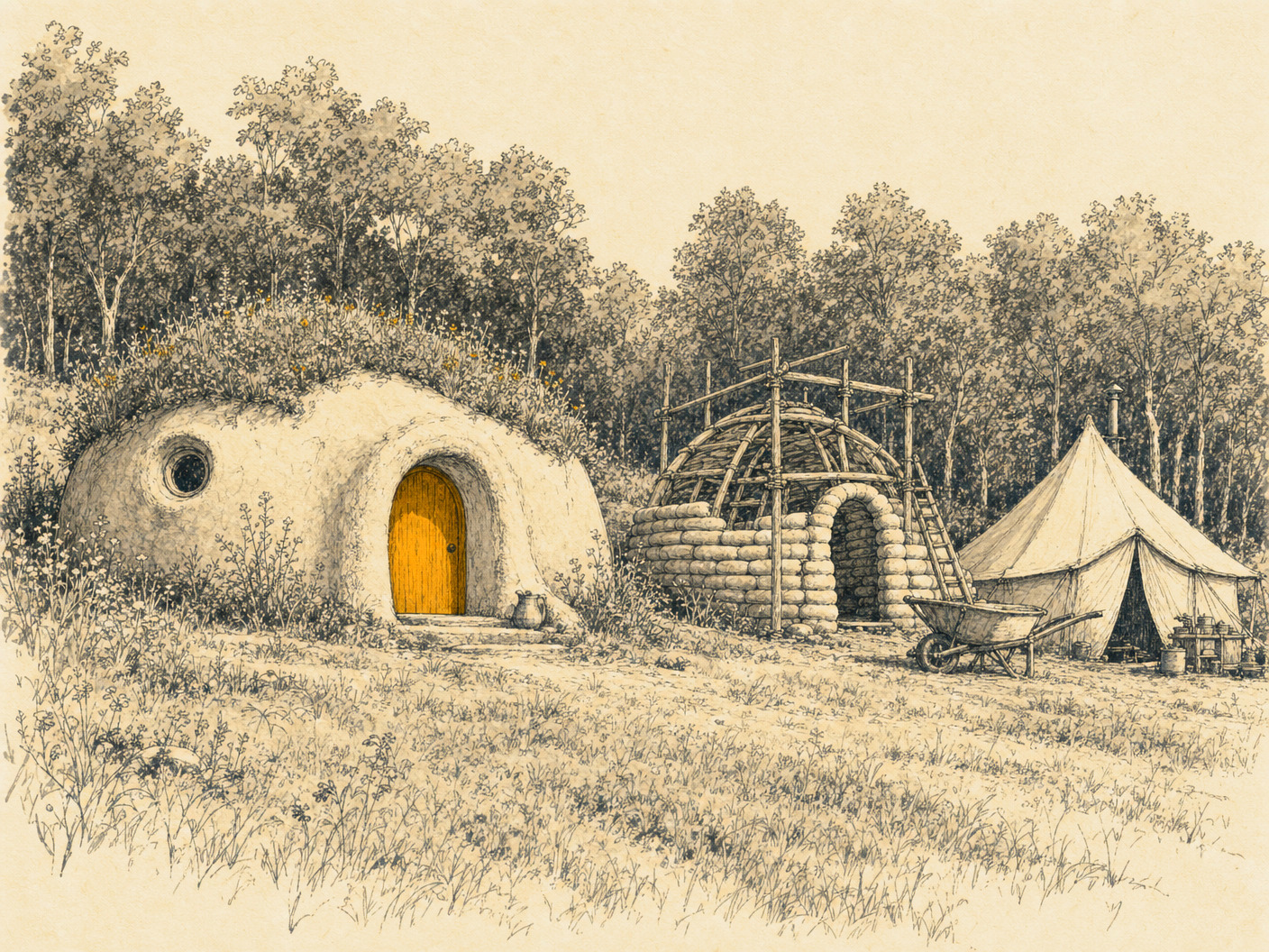 Watercolour drawing of the same meadow with one finished dome-nest standing and a second shell under construction.