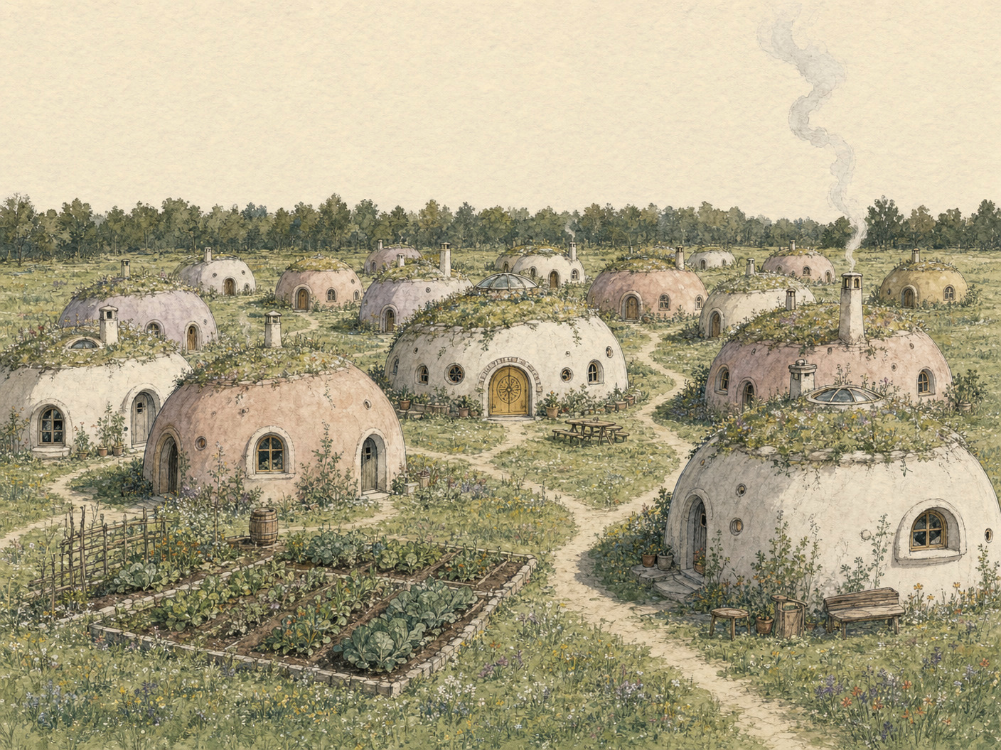 Watercolour drawing of the finished village: roughly twenty dome-nests with wildflower roofs across the meadow, linked by paths.