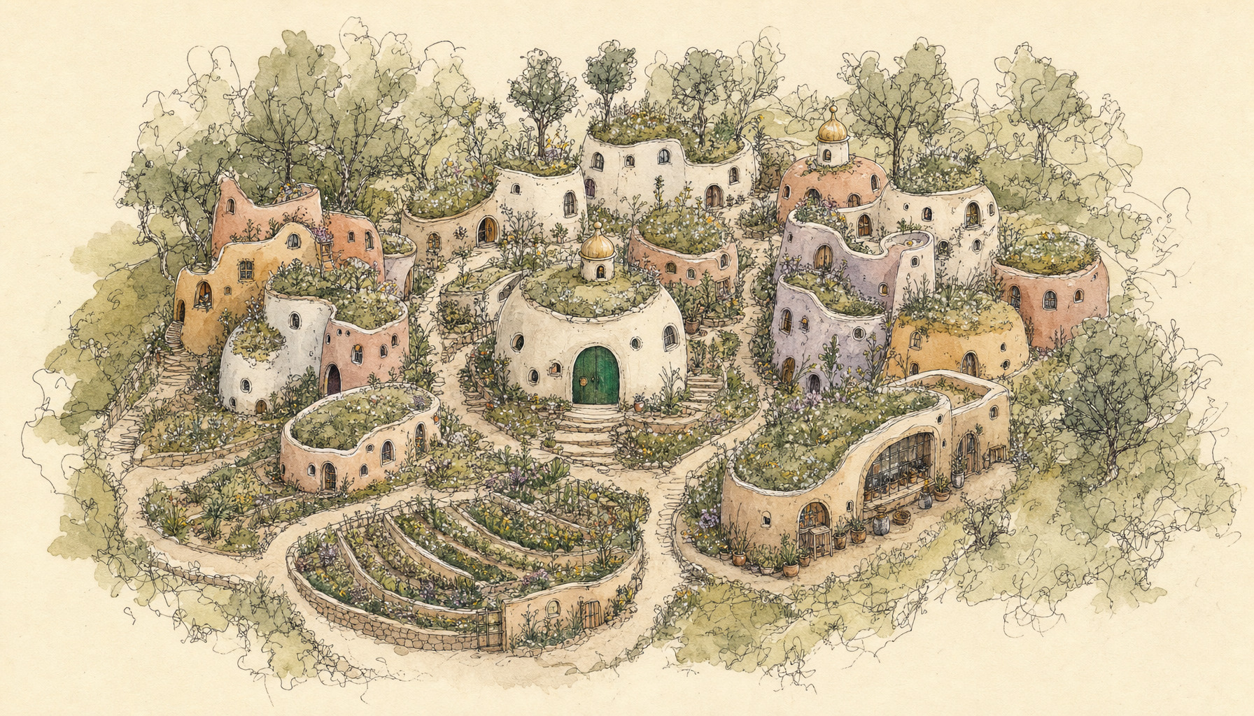 Ink and watercolour drawing of the Awe village from a high angle: plaster dome dwellings with wildflower roofs set in meadow, winding paths, a kitchen garden and a tree line behind.