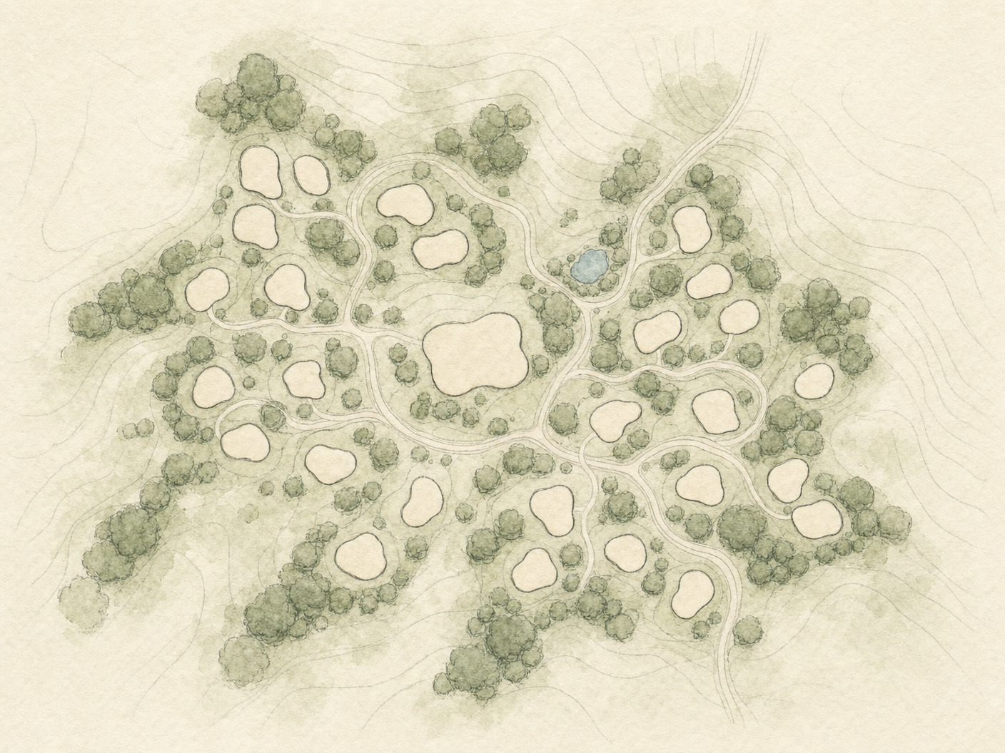 Watercolour masterplan of the Awe site seen from above: loose clusters of rounded dome footprints in cream, linked by winding tracks, set among sage-green tree groups, with one large central footprint and a small pond.