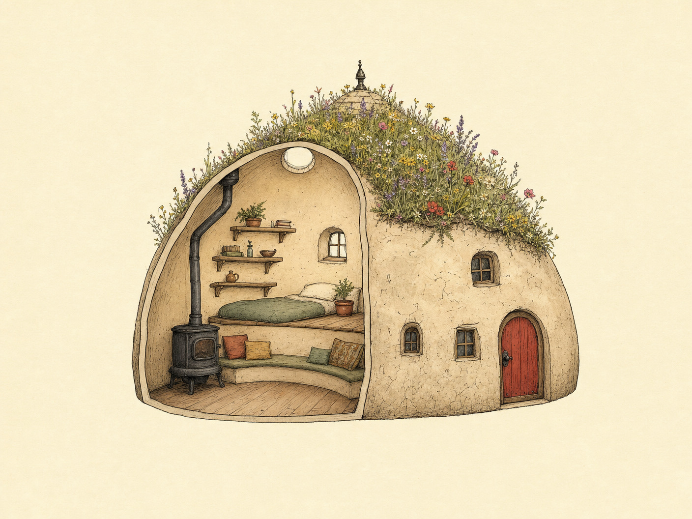 Ink and watercolour cutaway drawing of a single Awe dome-nest: one round plastered room under a wildflower roof, bed, stove, round window and a curved bench.